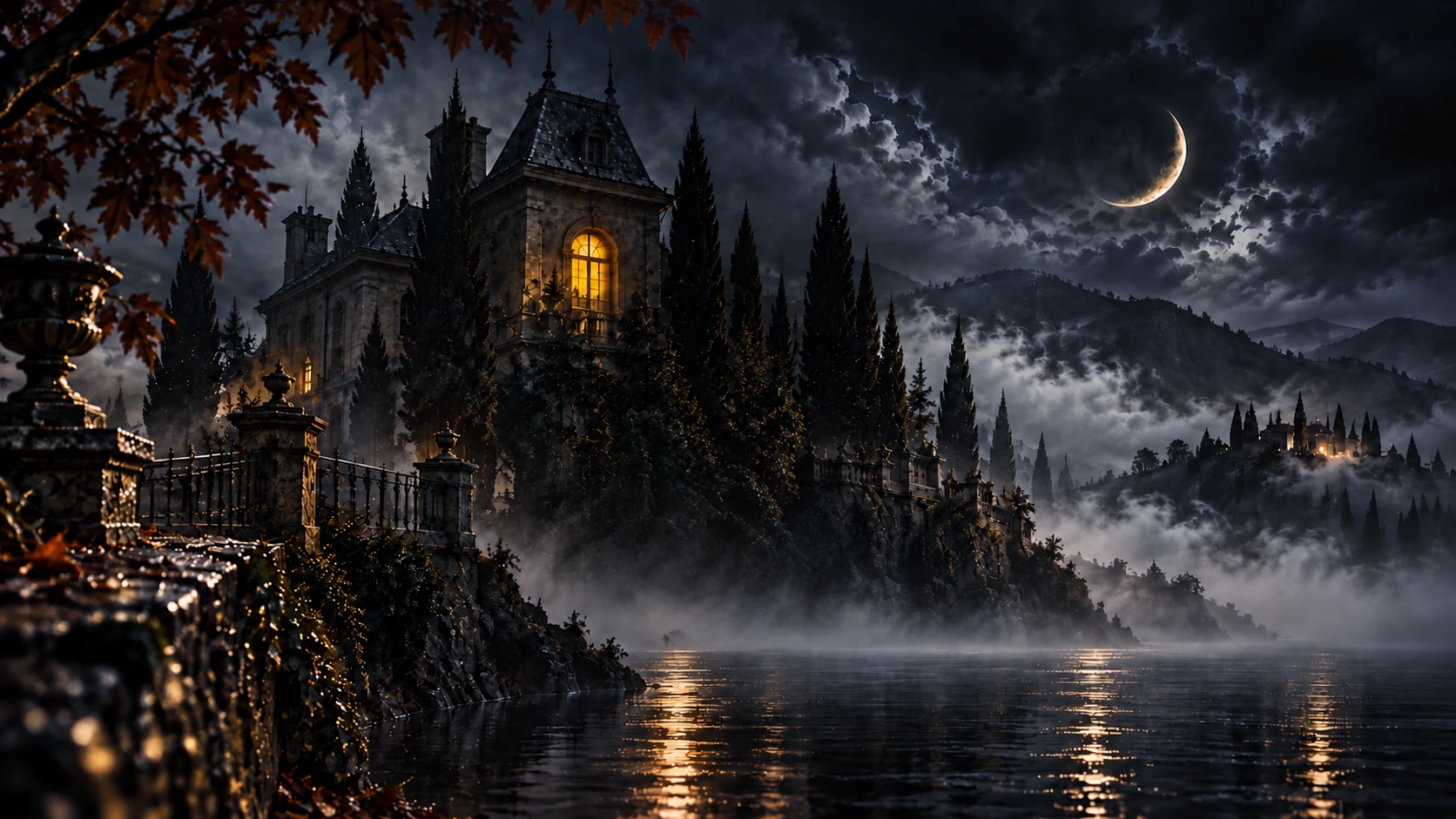 La mansión de Donde Vive la Noche junto al lago, entre niebla y luz de luna